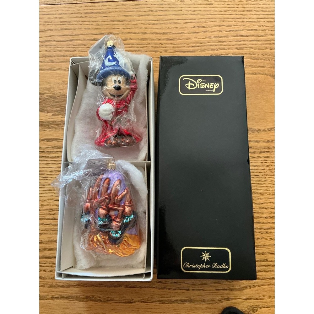 Christopher Radko Disney Sorcerer Mickey & Brooms Glass Ornaments Fantasia Boxed